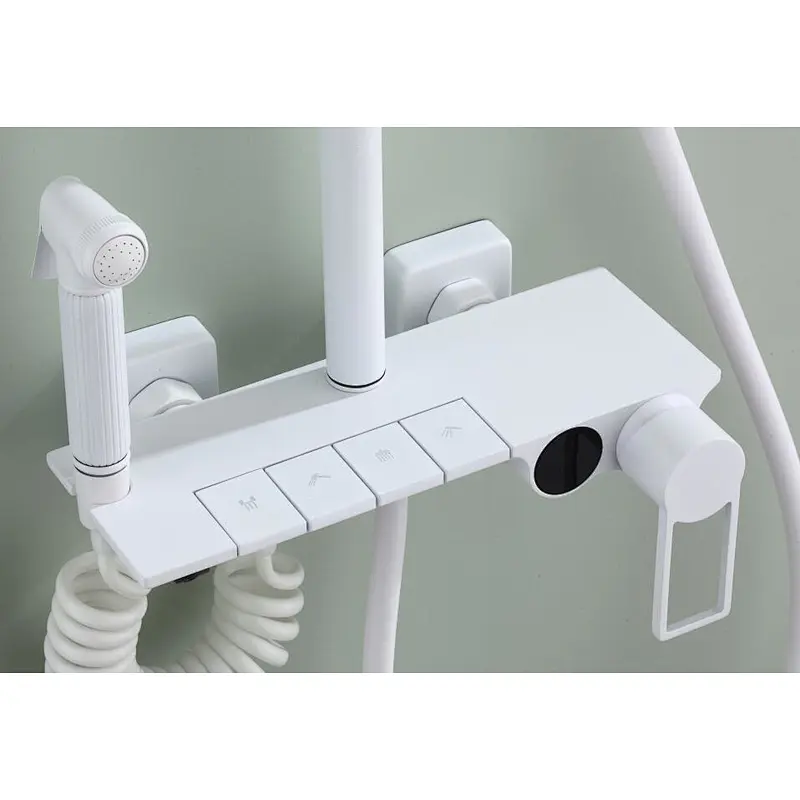 Shower sets（white)‚ brass body‚ wanhai cartridge‚ zinc handle‚ S/S pipe+White Plastic Top rain shower 25cm+White plastic hand shower‚ 1.5M White PVC hose‚brass 304# S/S Excentric+ S/S cover (black)