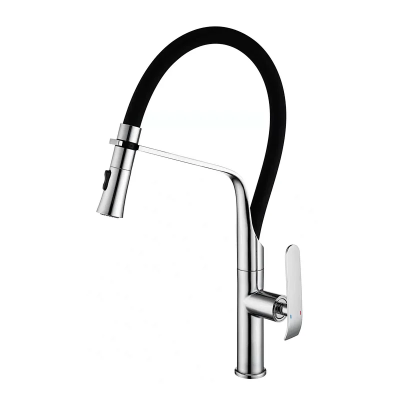 Brass kitchen mixer
wanhai cartridge‚   zinc handle‚
360° black rotating silicone tube+Plastic two-function sprinkler head
3/8*40CM S/S hose