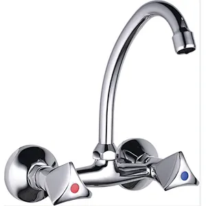 Brass Double kitchen mixer, brass full turn head valve, zinc handle, S/S spout , 304# S/S Excentric 48g+ S/S cover