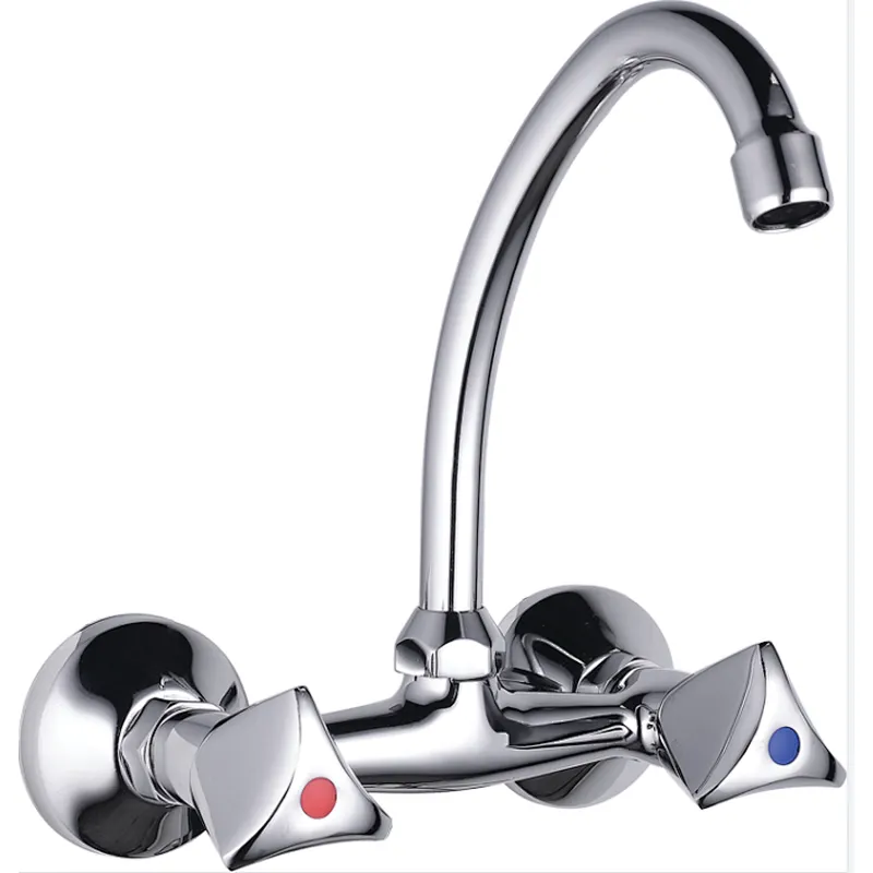 Brass Double kitchen mixer, brass full turn head valve, zinc handle, S/S spout , 304# S/S Excentric 48g+ S/S cover