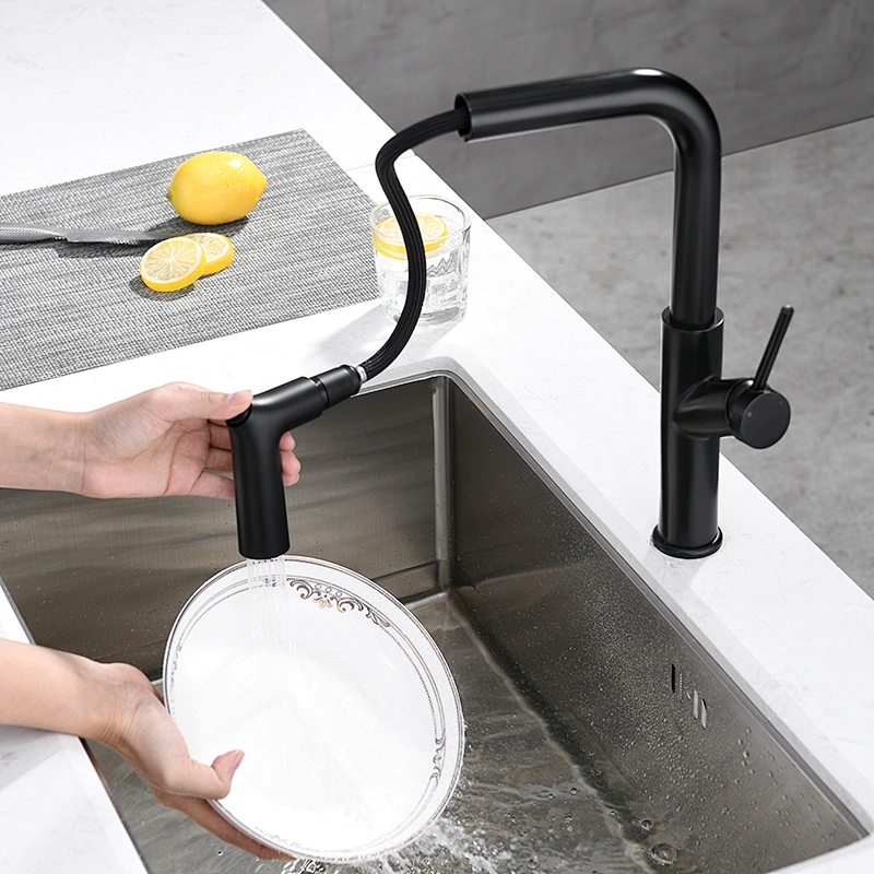 Torneira de cozinha preta de latão com furo único TIEMA com spray removível
