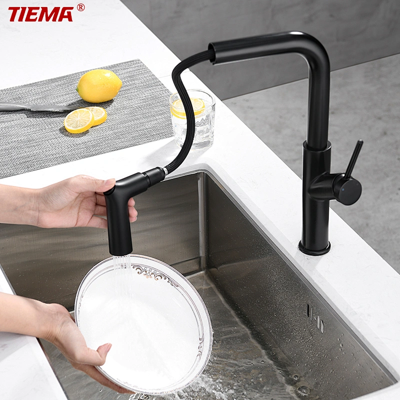 Torneira de cozinha preta de latão com furo único TIEMA com spray removível
