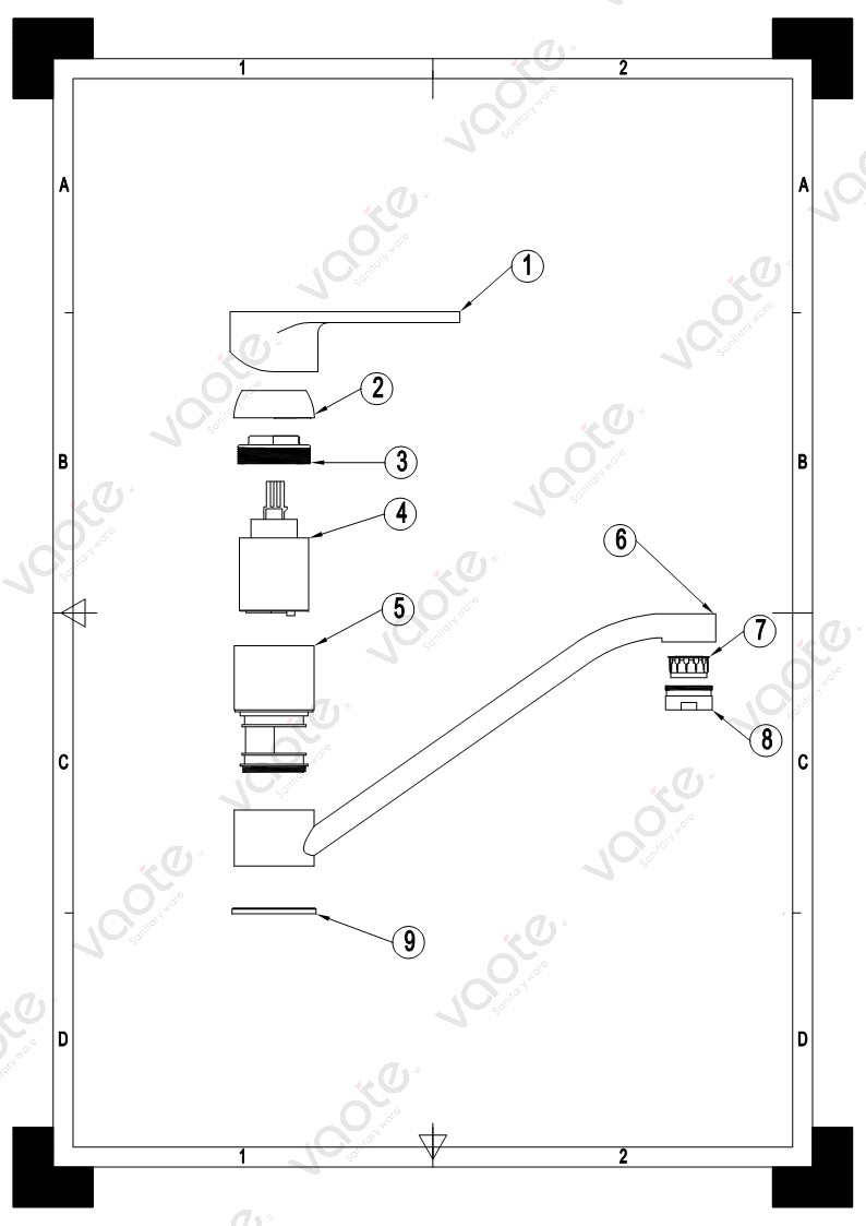 VT15605 single lever deck mounted cerami ccartridge structure