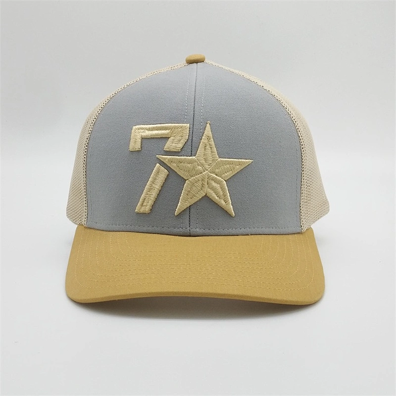 Custom Design 6panel Golden Thread Pentagram Hat 3D Embroidery Logo Baseball Mesh Trucker Cap