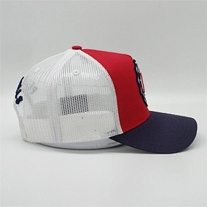 Custom 5 Panel 3d Puff Embroidery Logo Snapback Cap Red White Navy Blue Trucker Hat With Patch