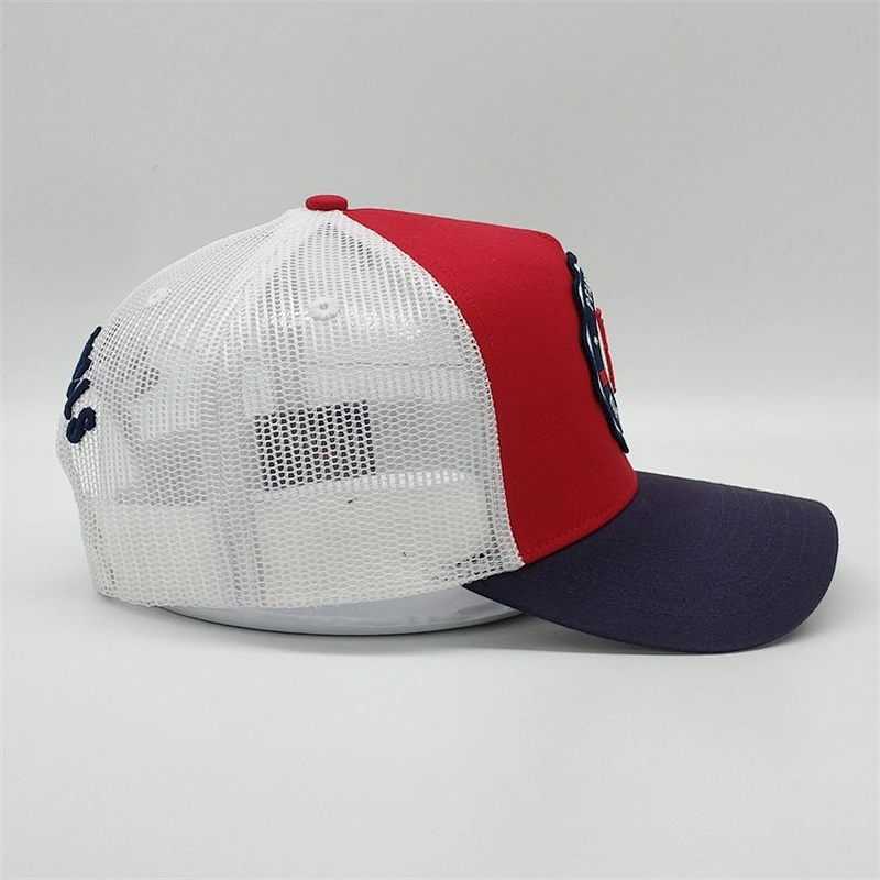 Custom 5 Panel 3d Puff Embroidery Logo Snapback Cap Red White Navy Blue Trucker Hat With Patch