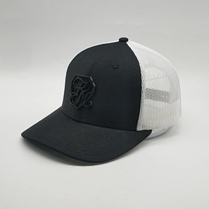 2019 High Quality Custom 6 Panel Mesh Black Metal Logo Baseball Trucker Hats Cap With Blue Label Sticker