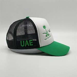 New Style Custom Foam 5 Panel Gold  Embroidery Green Trucker Hat Mesh Snapback Cap With Countri Fla