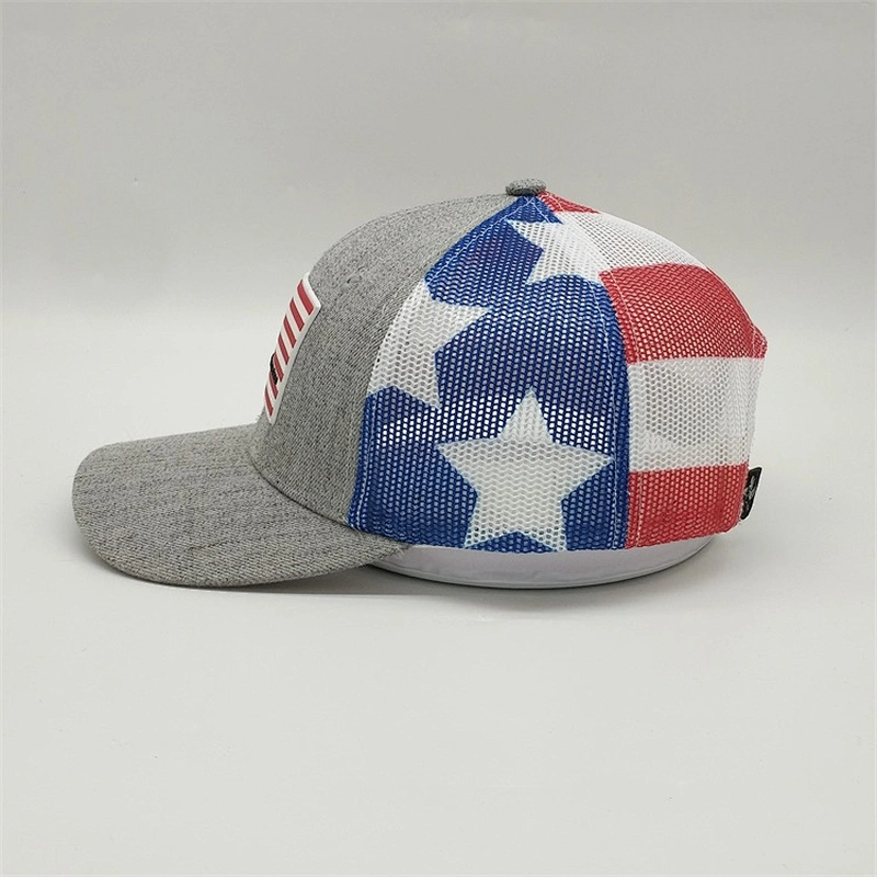 Wholesale Custom 6 Panel USA Flag PVC Logo Patch Trucker Hat ,Printed Mesh Back Baseball Hat,Heather Gray Snapback Trucker Cap