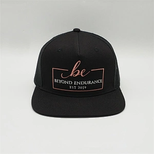 Custom  5 Panel Plain Flat Short Bill  Black Trucker Hats , High Quality Trucker Hats ,  100% Cotton Mesh Trucker Caps