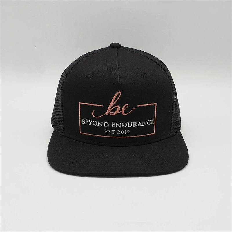 Custom  5 Panel Plain Flat Short Bill  Black Trucker Hats , High Quality Trucker Hats ,  100% Cotton Mesh Trucker Caps