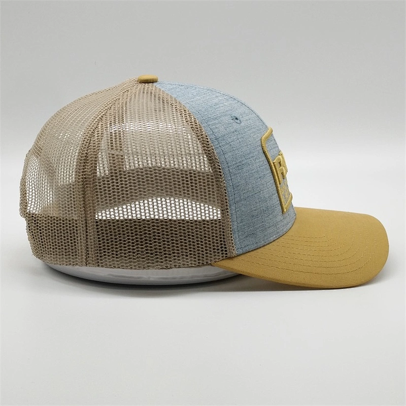 Summer Wholesale Yellow Vintage 3d Mesh Net Fabric Back Caps Logo Embroidered Trucker Hat For Man