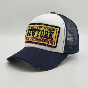 Wholesale Custom Worn Out Trucker Caps,Applique Navy Blue Mesh Trucker Hat,5 Panel Foam Soft Unstructured Hats