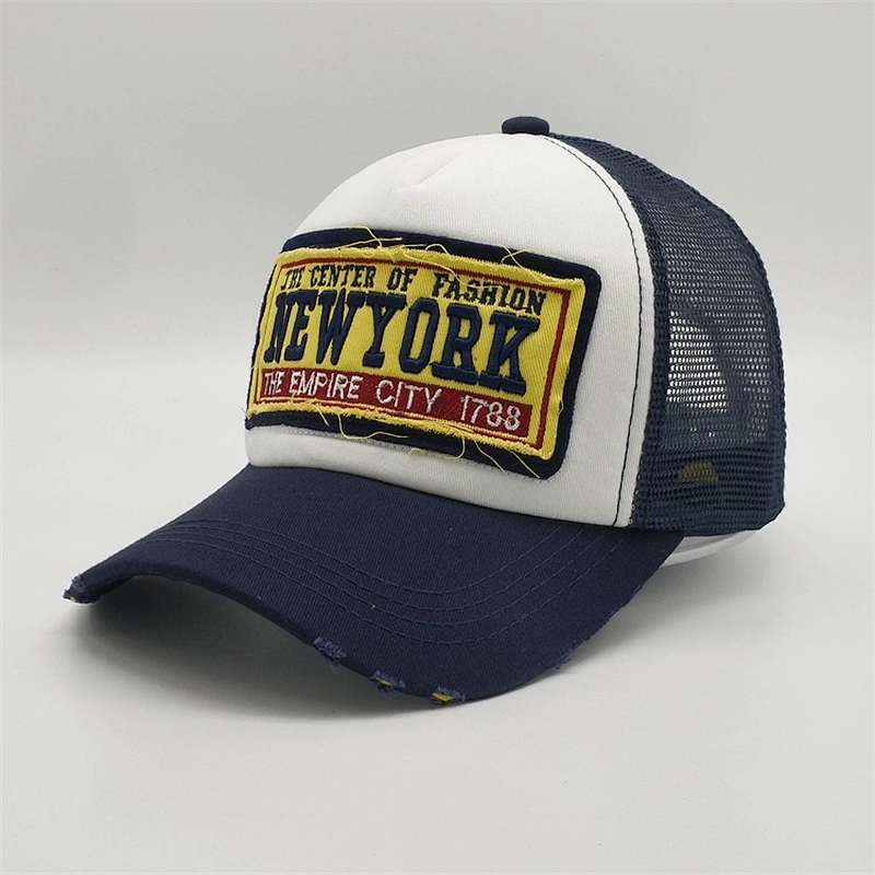 Wholesale Custom Worn Out Trucker Caps,Applique Navy Blue Mesh Trucker Hat,5 Panel Foam Soft Unstructured Hats