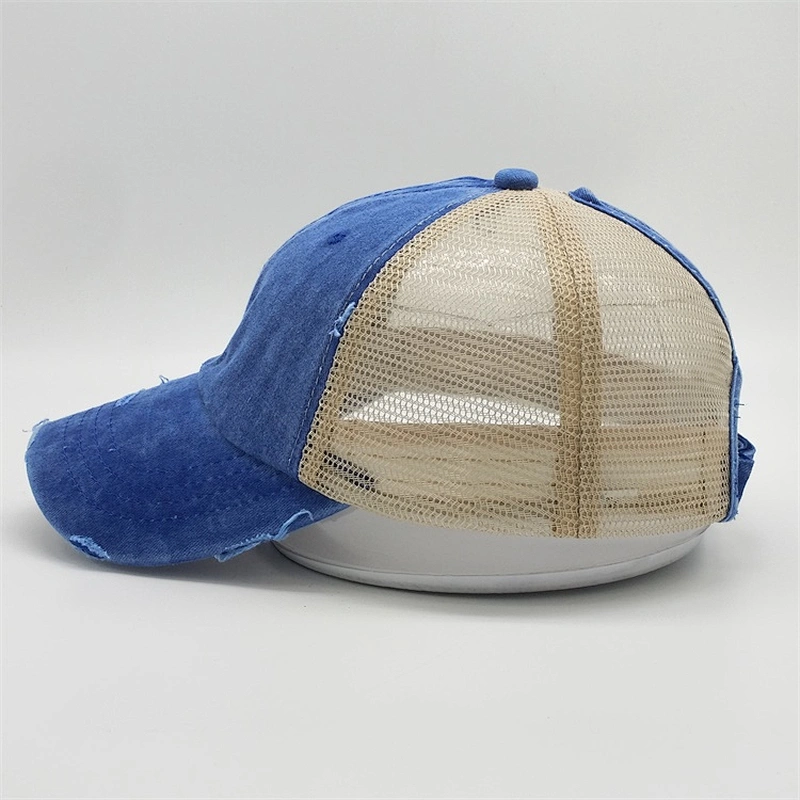 Custom High Quality Blank Distressed Washed Vintage Ponytail Cap Plain Cotton Mesh Trucker Hat With Magic Tape