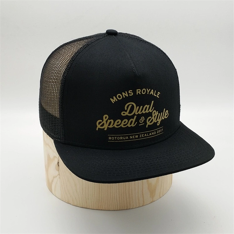 China Factory Custom 5 Panel Black Printed Mesh Snapback Hats