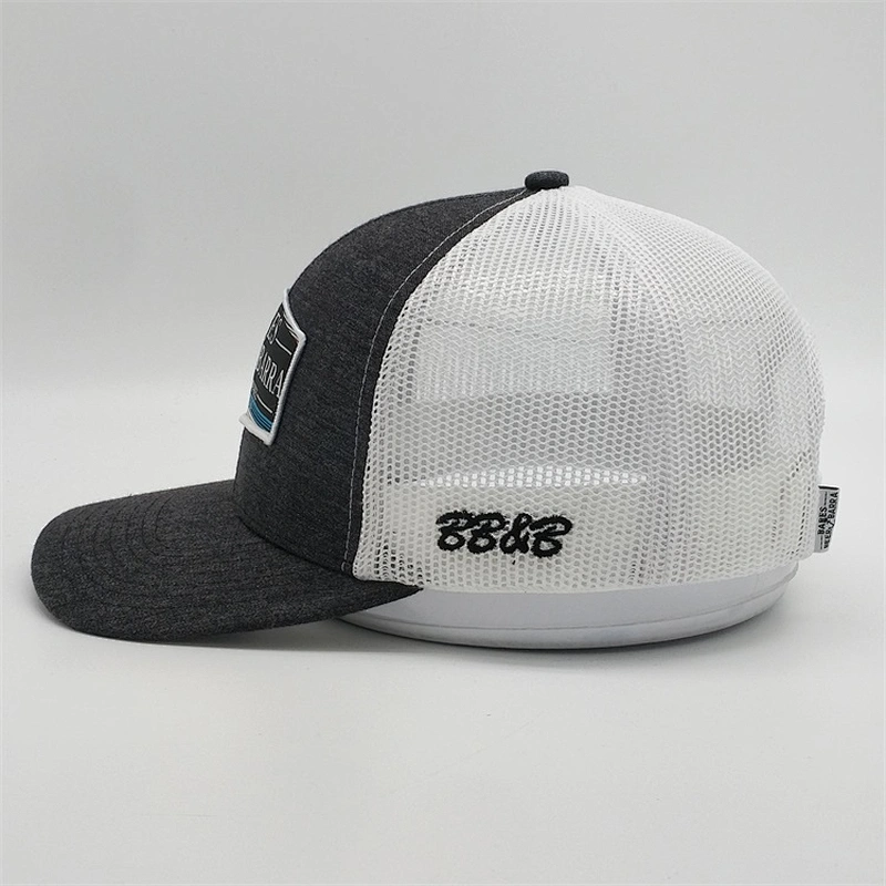 2019 Wholesale Custom 6 Panel Side Embroidered Logo Grey Trucker Hat White Mesh Trucker Cap With Woven Patch