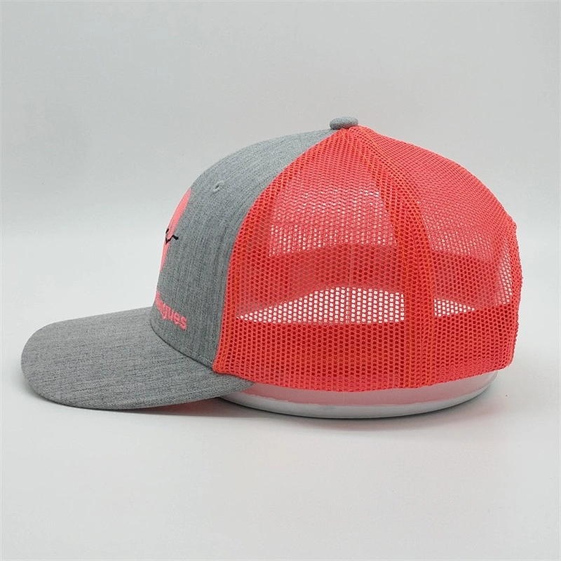 Wholesale 6 Panel Mesh Trucker Cap,Adjustable Heather Grey Snapback Hat,Custom Flat Embroidered Trucker Caps