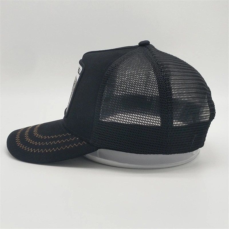 New Style Black 5panel Curve Bill Stone Mesh Snapback Animal Trucker Hat Cap With Custom Gorilla Logo Embroidery Patch