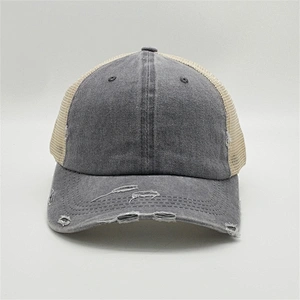 Custom Distressed Vintage Cotton Two Tone  Unstructrured 6panel Worn Out Ponytail Hat Baseball Trucker Mesh Caps