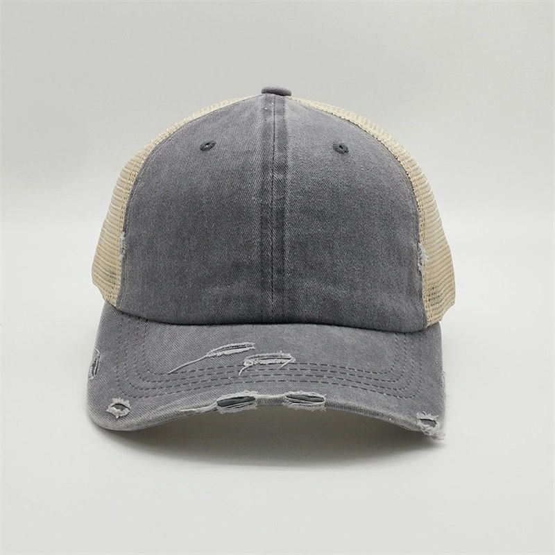 Custom Distressed Vintage Cotton Two Tone  Unstructrured 6panel Worn Out Ponytail Hat Baseball Trucker Mesh Caps