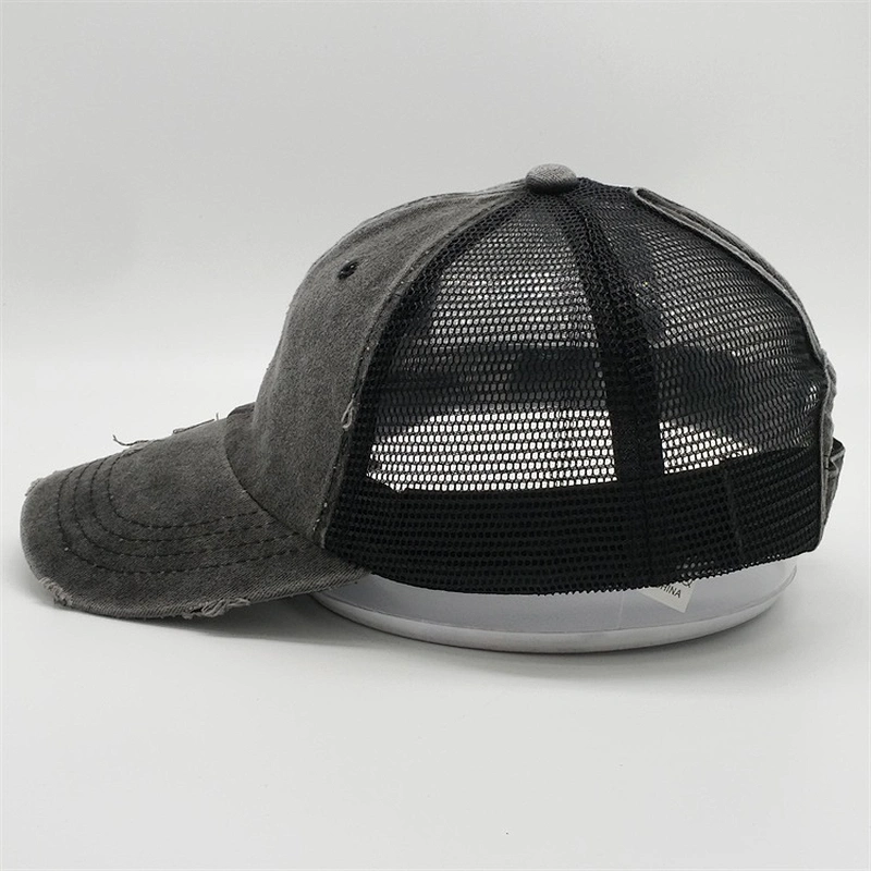 2019 Popular Denim Distressed Worn Out 6panel Mesh Ponytail Baseball Trucker Sports Hats Caps