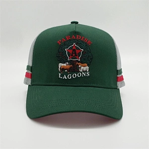 Custom 5 Panel Embroidery Logo Hat,Red Underbrim Snapback Trucker Cap,High Crown Mint Green Stripes Trucker Hat