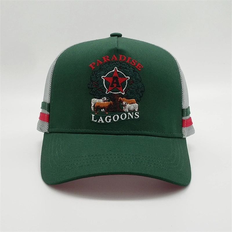Custom 5 Panel Embroidery Logo Hat,Red Underbrim Snapback Trucker Cap,High Crown Mint Green Stripes Trucker Hat