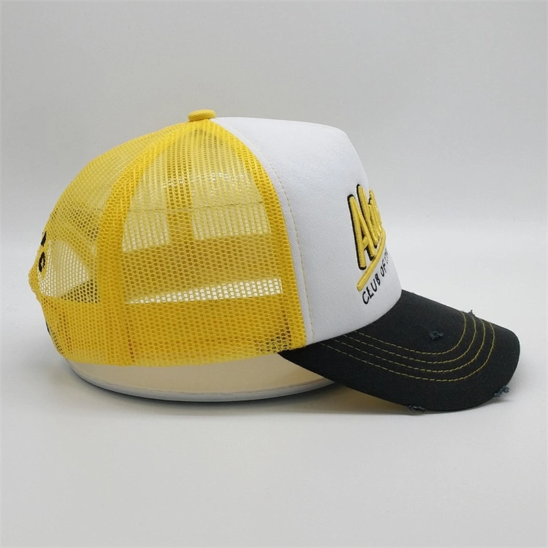High Quality Custom Foam Trucker Hats,5 Panel Foam Yellow Plain Snapback Caps,Worn-out 3d Embroidery Distressed Trucker Hats