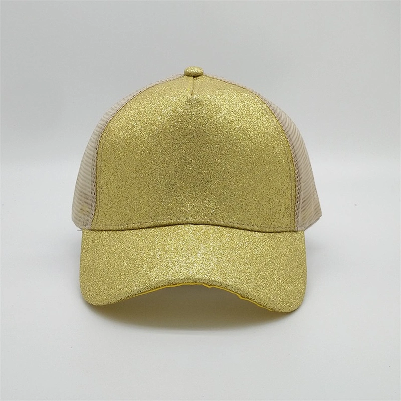 Fashion Custom Blank Performance Bling 5 Panel Ponytail Baseball Cap Mesh Gold Sequin Trucker Hat For Woman