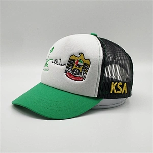 New Style Custom Foam 5 Panel Gold  Embroidery Green Trucker Hat Mesh Snapback Cap With Countri Fla