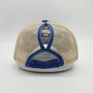 Custom High Quality Blank Distressed Washed Vintage Ponytail Cap Plain Cotton Mesh Trucker Hat With Magic Tape
