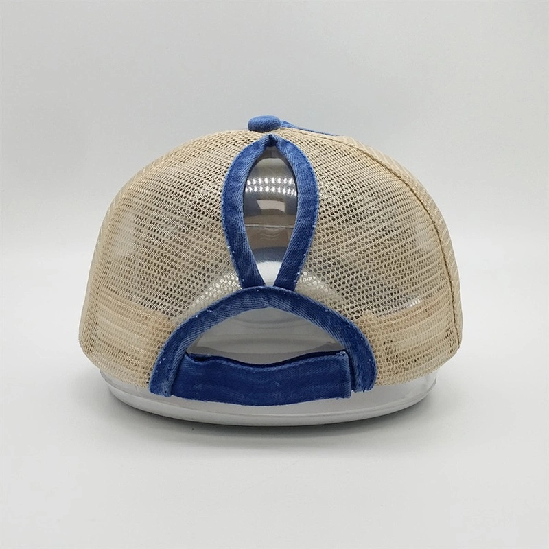 Custom High Quality Blank Distressed Washed Vintage Ponytail Cap Plain Cotton Mesh Trucker Hat With Magic Tape