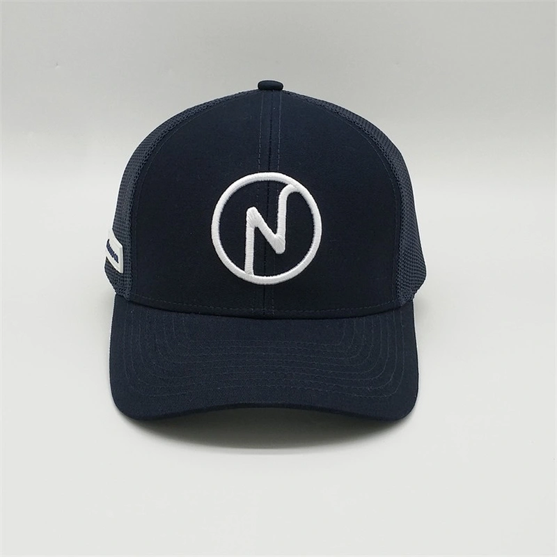 High Quality Navy Blue Trucker Snapback,  White 3D Embroidered Logo Mesh Caps Hat ,  Cotton PVC Rubber Patch Hat