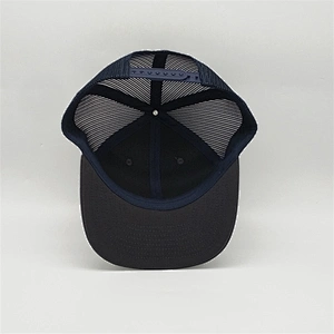OEM Service Custom Brim Blank Snapback Cap, Navy Blue Mesh Trucker Hat,Plain Black Rubber Patch Flat Brim Hat