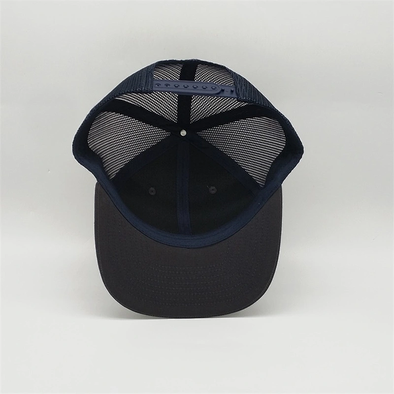 OEM Service Custom Brim Blank Snapback Cap, Navy Blue Mesh Trucker Hat,Plain Black Rubber Patch Flat Brim Hat