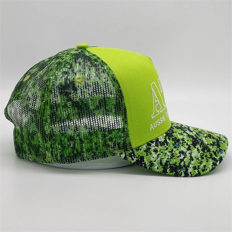 Custom 5 Panel Neon Snapback Hat,Sublimation Printed Trucker Cap,Camo Neon Green Camouflage Mesh Hat