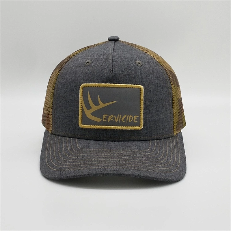 Man Custom 5 Panel Embroidery Caps Camo Trucker Mesh Hat With Woven Patch