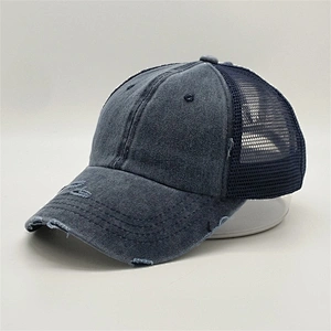 2019 New Custom High Ponytail Distressed Washed Vintage Hat Black Mesh Fabric Breathable Trucker Cap