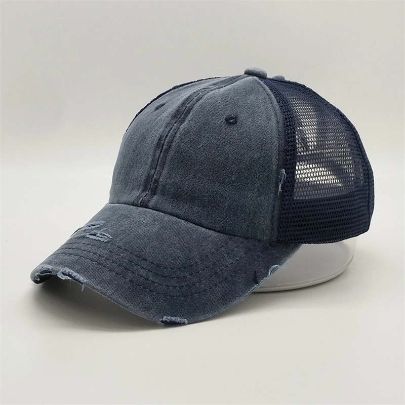 2019 New Custom High Ponytail Distressed Washed Vintage Hat Black Mesh Fabric Breathable Trucker Cap