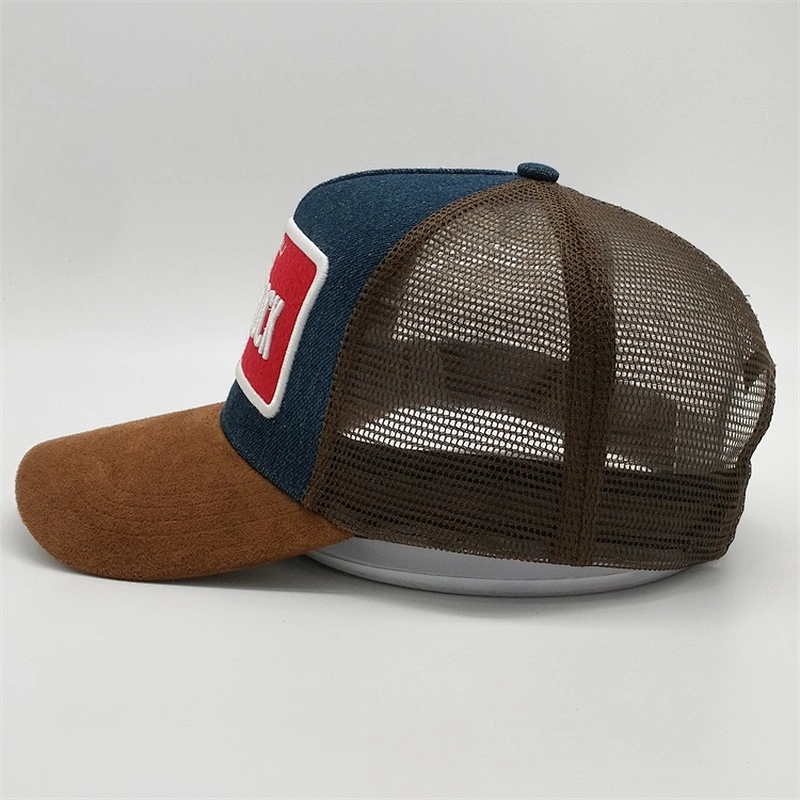Custom Suede Hip Hop Mesh Trucker Women Men Hat Brown Brim Hats Embroidery Patch Cap Plastic Adjustable Buckle