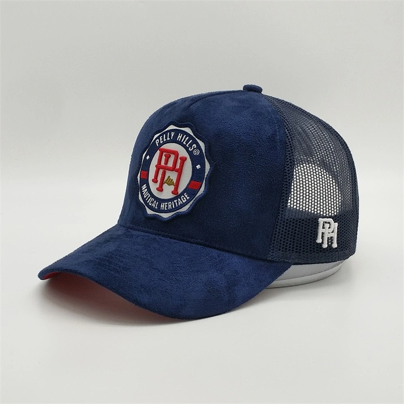 2019 Customized Mesh Breathable 5 Panel Suede Trucker Cap Embroidered Patch Hats With Metal Buckle