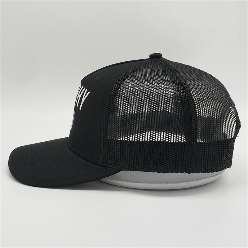 OEM Custom Low Profile Printed Logo Hat 5 Panel Buckle Plastic Blank Black Sport Mesh Baseball Trucker Cap Hat