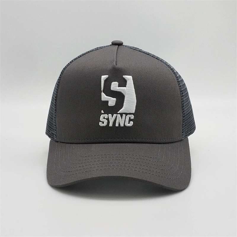 Design 3D Puff Raised Embroidery Trucker Hats,Factory Price Dark Gray Mesh Hats,5 Panel Charcoal Trucker Caps