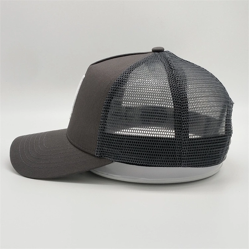 Design 3D Puff Raised Embroidery Trucker Hats,Factory Price Dark Gray Mesh Hats,5 Panel Charcoal Trucker Caps