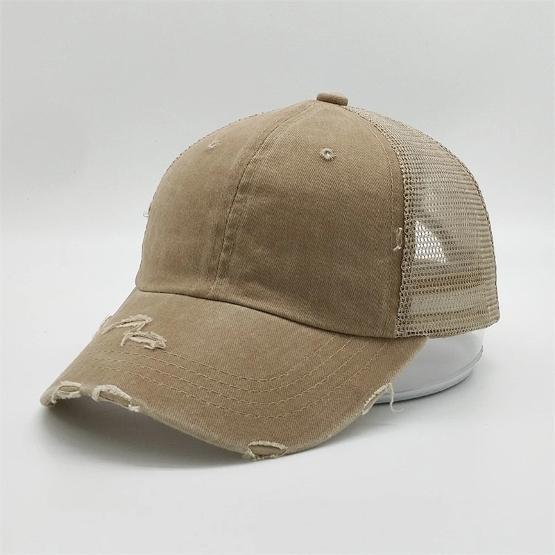 Custom Logo Distressed Vintage Cotton Ponytail  Champagne Unstructured 6 panel Worn Out Baseball Trucker Mesh Cap Hat