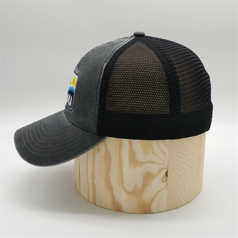 Custom 6 Panel Pigment Washed Fabric Embroidery Patch Mesh Trucker Cap