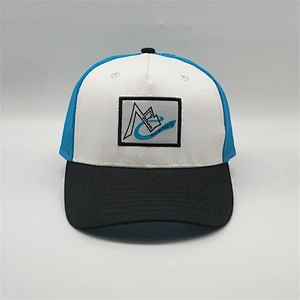 Customized Plain 5 Panel Snap Backs Embroider Blue Cotton Mesh Trucker Hats With Logo