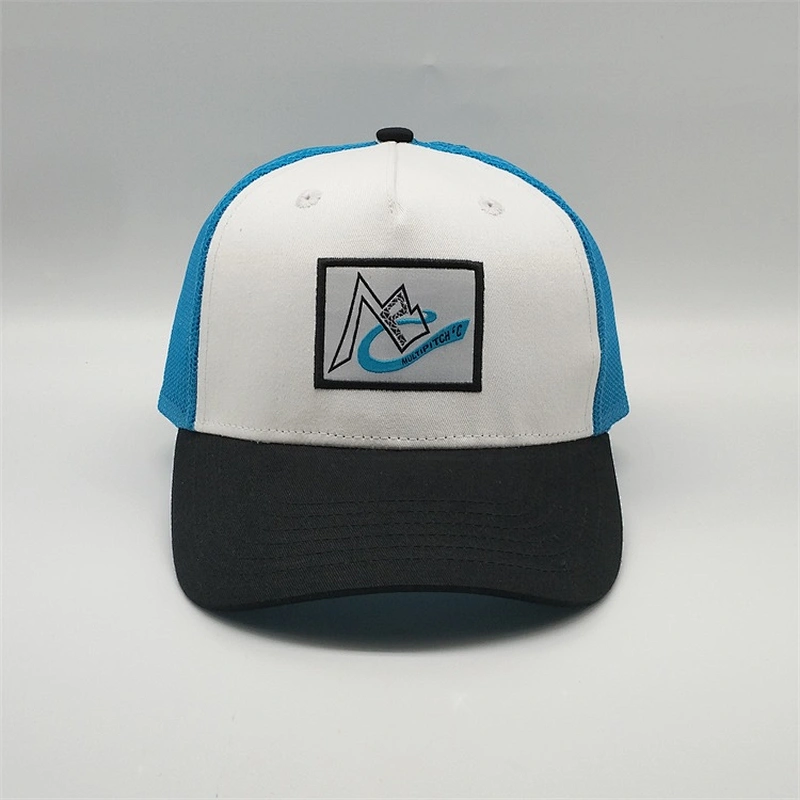 Customized Plain 5 Panel Snap Backs Embroider Blue Cotton Mesh Trucker Hats With Logo