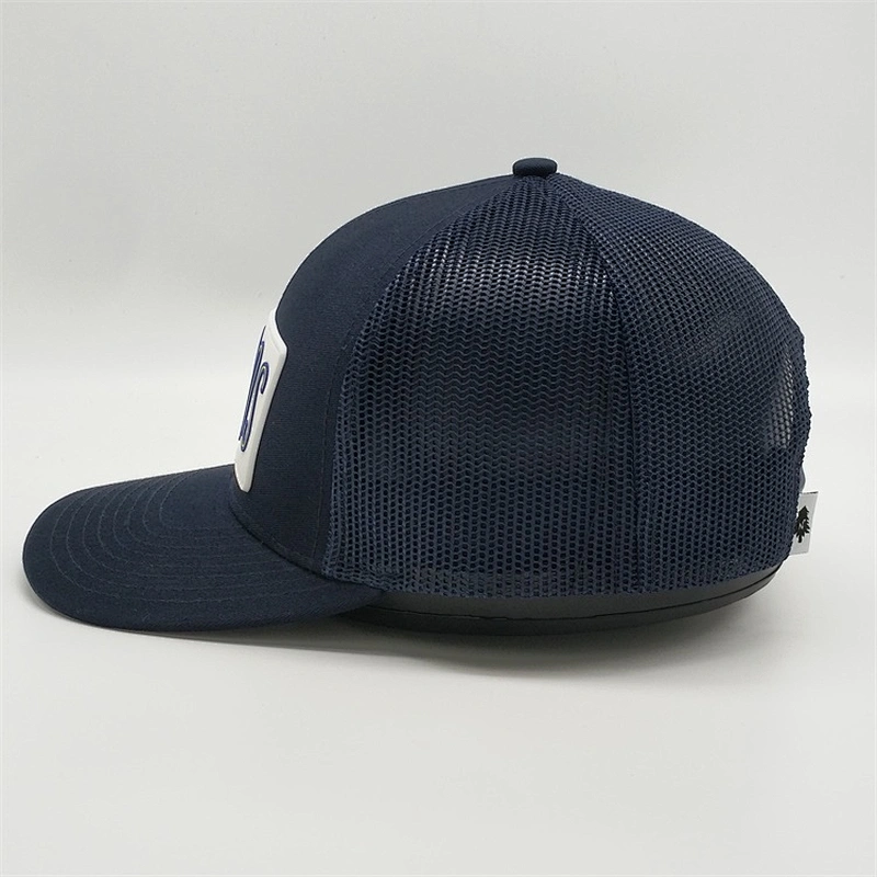 Navy Blue Adjustable Customised Rubber Patch Logo Snapback Hats Trucker Caps With Pvc Patch